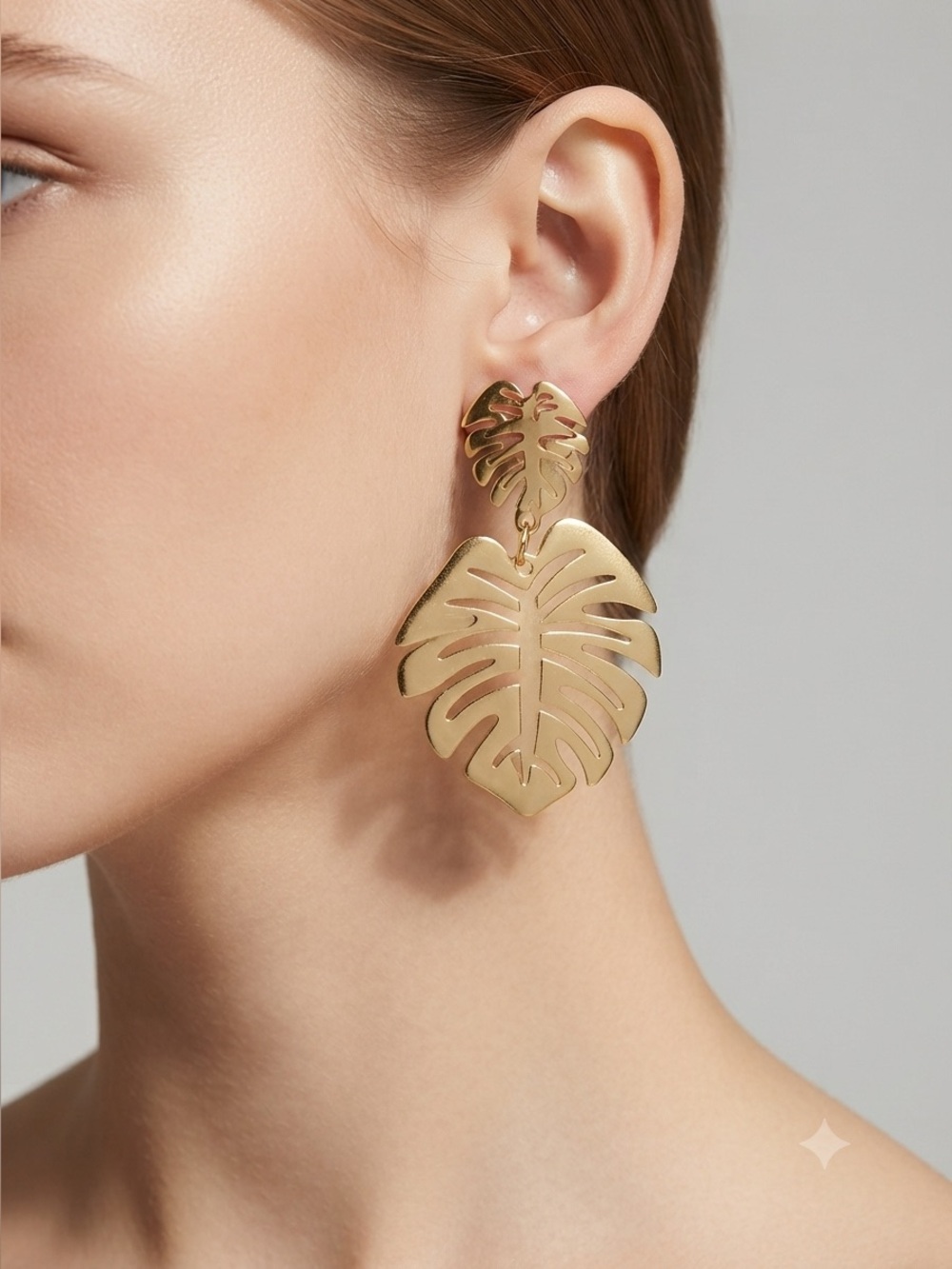Gold Monstera Leaf Statement Earrings | Tropical Boho Double Leaf Dangles